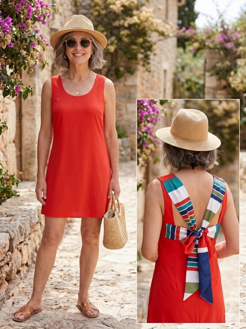 Classic Scoop-Neck Red Sun Dress with Striped Back Tie NWT
